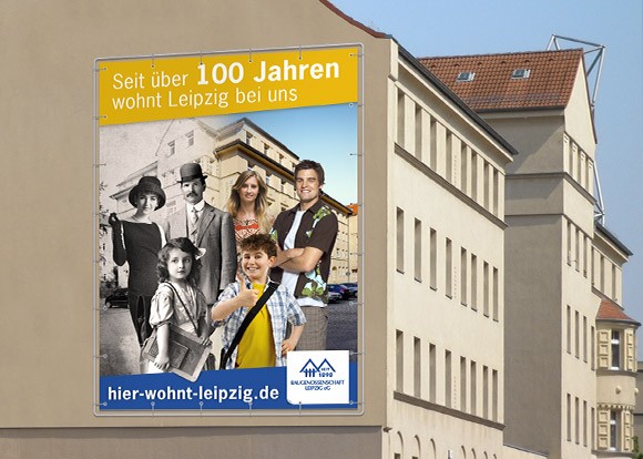 Ideen für kreative Außenwerbung, hier als Giebelplane Giebelwerbung zum Thema Genossenschaft mit Tradition enders Marketing